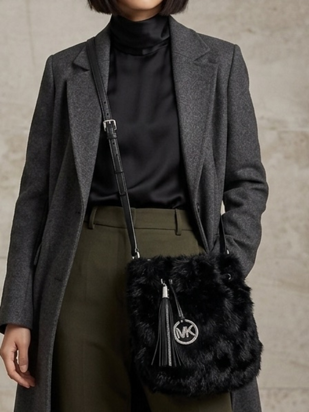 MICHAEL Michael Black Faux Fur Tassel Crossbody Purse